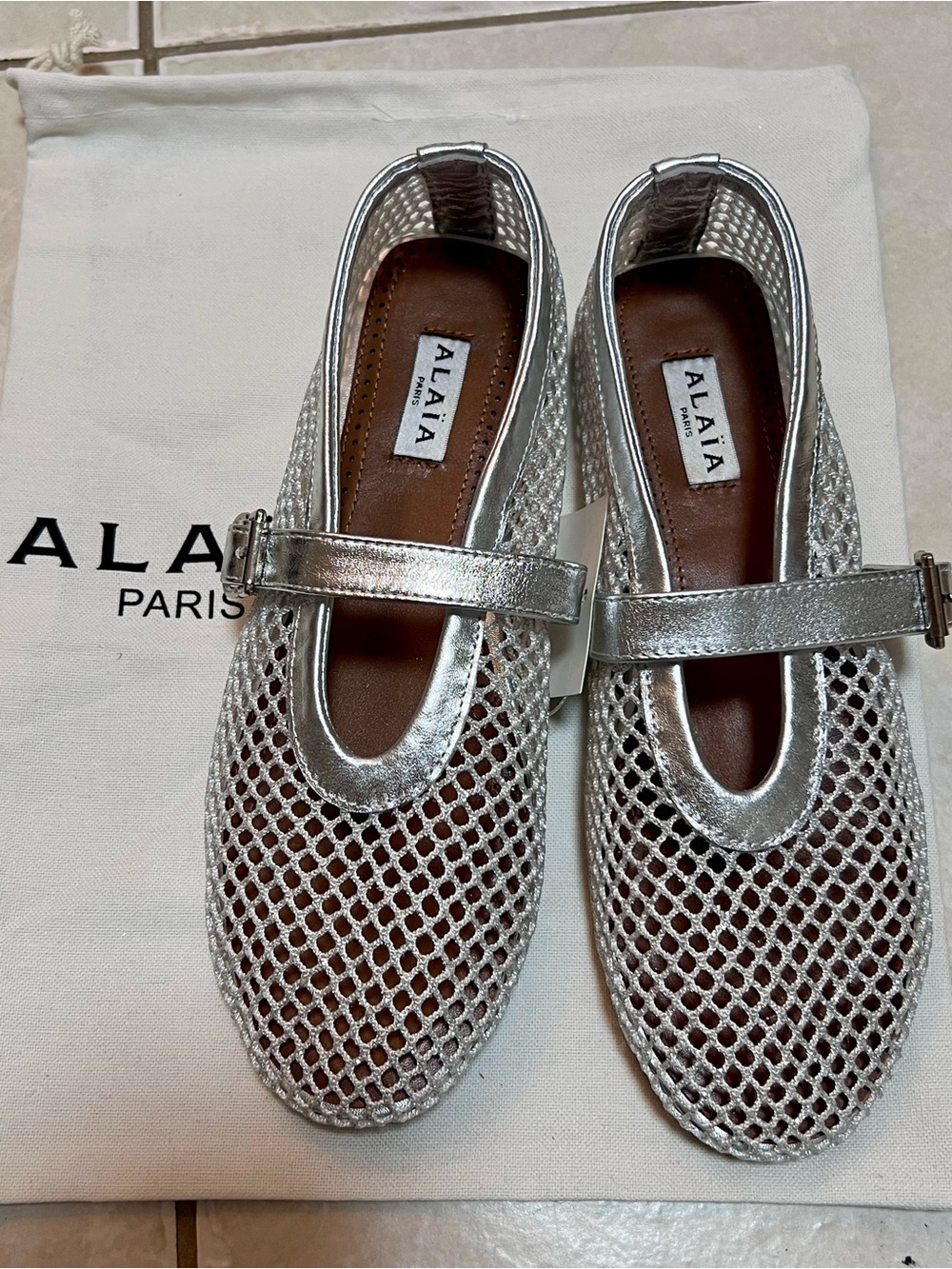 Metallic Silver Ballet Flat in Laminated Fishnet